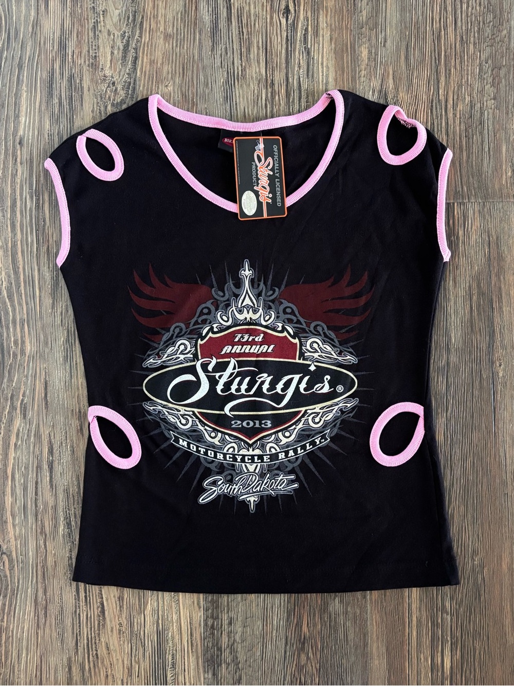 NWT Bikers Edge 2013 Sturgis SD Moto Rally Cutout Muscle Tee Womens M Black Pink